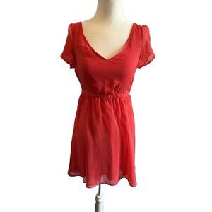 Express Coral Pink Mini Flutter Semi Sheer Sleeve Dress Sz XS Fit &‎ Flare Mini
